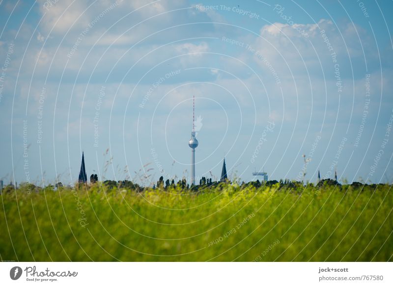 Berliner Fernsehturm unter freiem Himmel Luft Wolken Frühling Wiese Skyline Bekanntheit Ferne Idylle Mittelpunkt Hintergrund neutral Silhouette Sonnenlicht