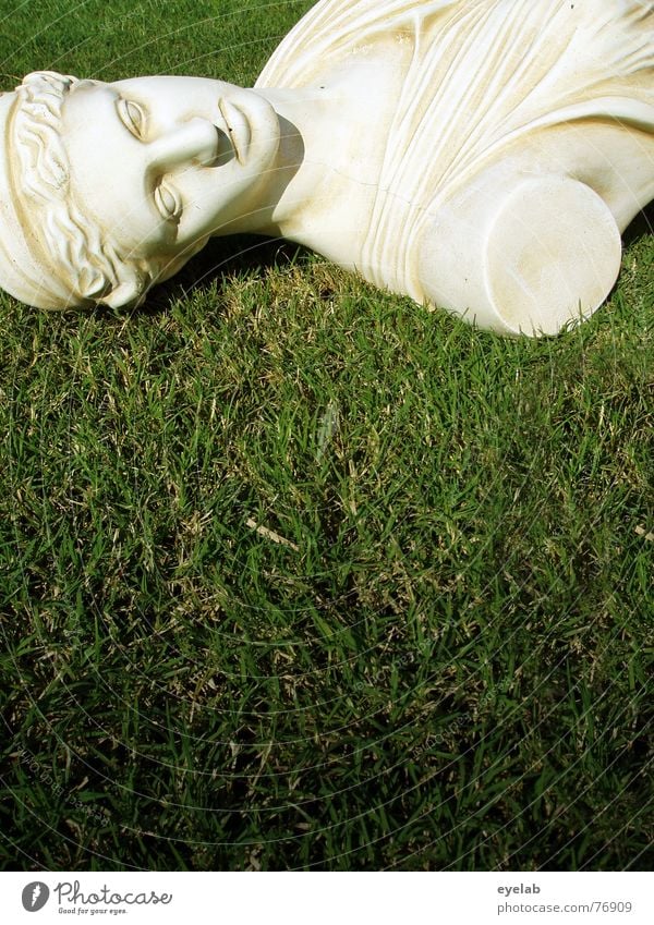 Götter(zer)dämmerung grün Wiese Gras weiß Büste Statue Marmor alt historisch Skulptur Textfreiraum unten Anschnitt Bildausschnitt