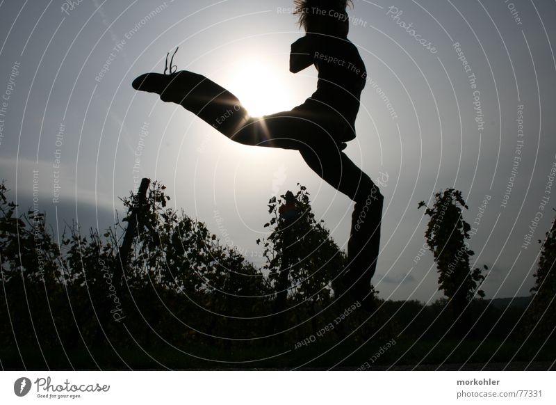 Sprung über die Sonne Weinberg Frau Herbst springen hüpfen srung woman autumn Freude Energiewirtschaft