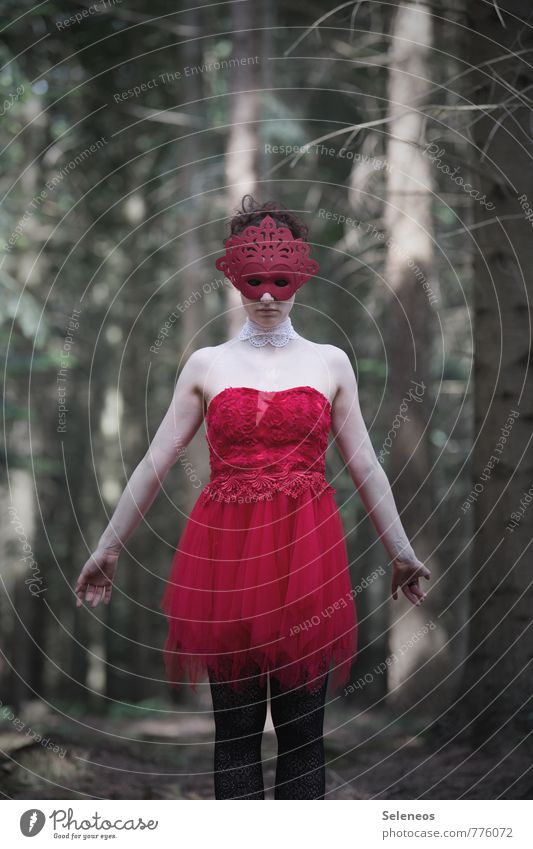 red Karneval Mensch feminin Frau Erwachsene 1 Wald Kleid Maske rot Farbfoto Außenaufnahme Oberkörper Vorderansicht