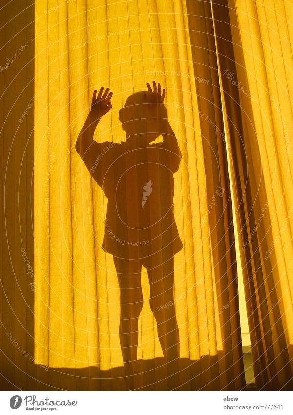 Hinter der Gardine Vorhang gelb Kind Hand Junge Schatten Silhouette