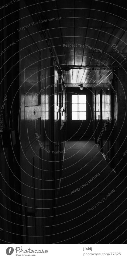 Hostel dunkel Fenster Griff Licht Reflexion & Spiegelung Teppich gruselig ungemütlich Schwarzweißfoto Tür quentin tarantino Gang