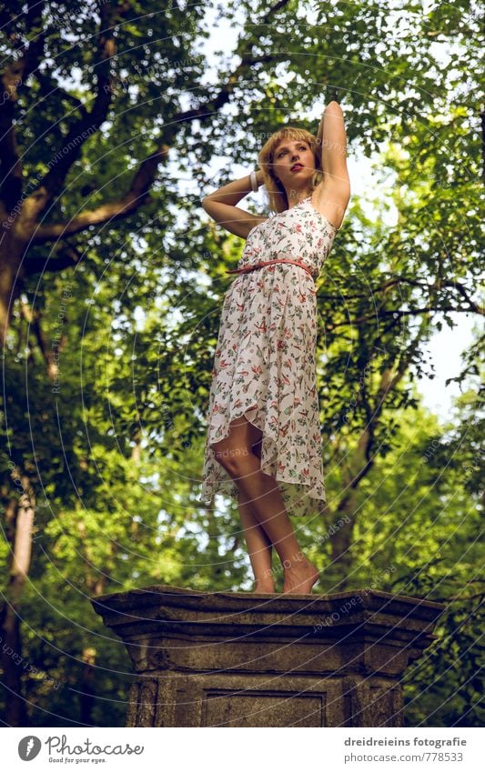 Posen im Park schön feminin Junge Frau Jugendliche Sonnenlicht Baum Kleid blond Bewegung Blick stehen Tanzen Glück natürlich dünn selbstbewußt Leidenschaft
