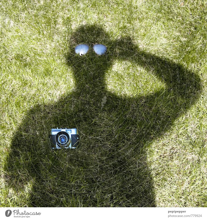 undercover Freizeit & Hobby Sommer Garten Fotokamera Mann Erwachsene 1 Mensch Kunst Gras Wiese Sonnenbrille beobachten tragen außergewöhnlich grün schwarz
