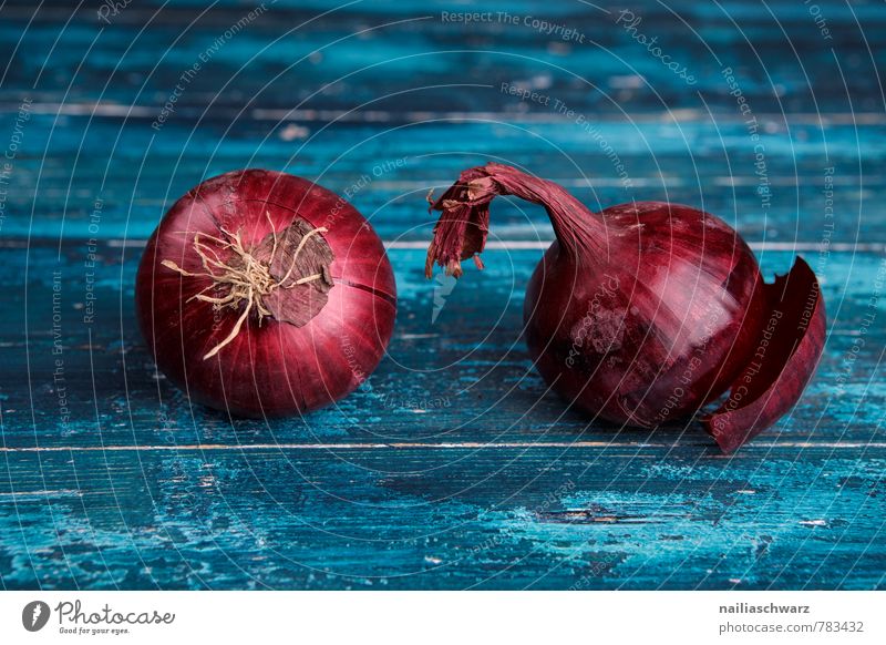 Rote Zwiebeln Lebensmittel Gemüse Ernährung Bioprodukte Vegetarische Ernährung Diät Küche Holz frisch Gesundheit saftig schön viele blau rot Farbe