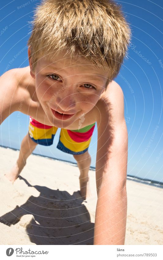 fröhlicher Junge am Strand Zufriedenheit Freizeit & Hobby Spielen Ferien & Urlaub & Reisen Sommer Sommerurlaub Meer Kind Kindheit Leben Kopf Arme 1 Mensch