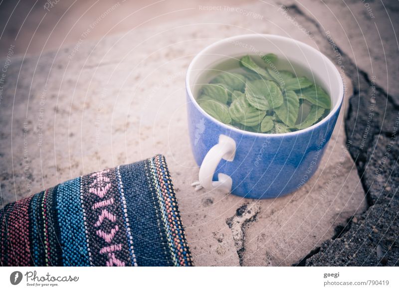 Minzentee Tee Tasse Erholung trinken Duft Flüssigkeit frisch blau mehrfarbig grün Zufriedenheit genießen Mauer Decke Farbfoto Außenaufnahme Menschenleer