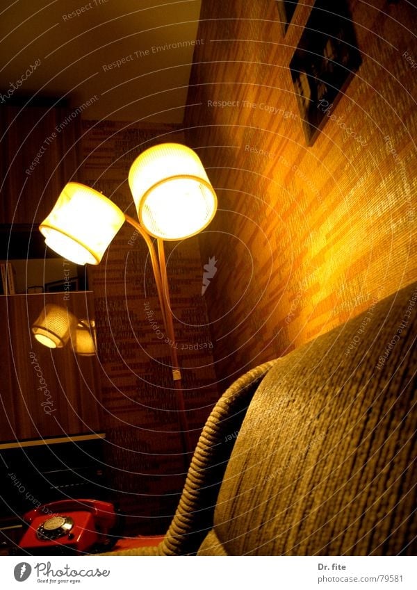 Ein Ding, das sich Stehlampe nennt Lampe Sofa Licht Schrank Regal Wohnzimmer Nostalgie braun dunkel Deutschland orange sonnenlos Ostzone DDR Schatten alt hell