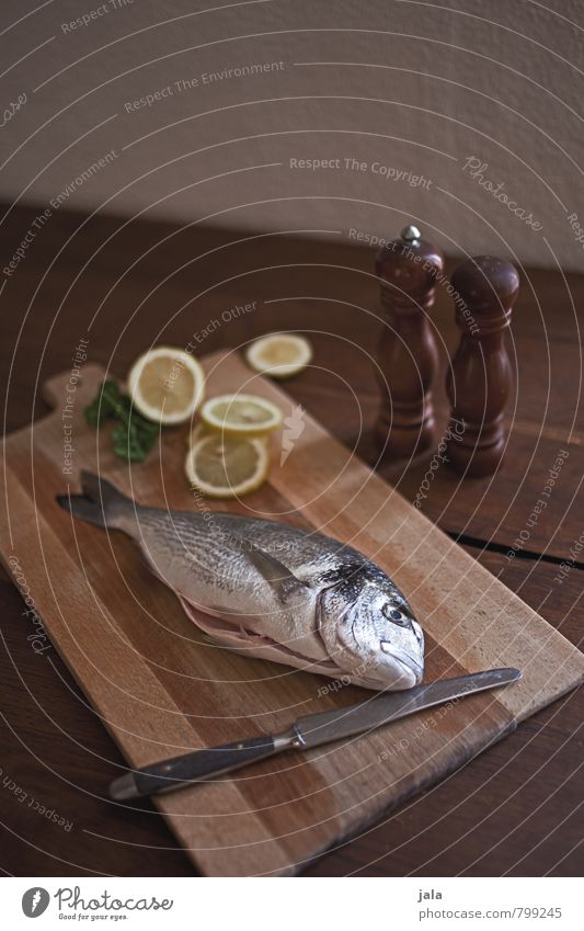 fisch Lebensmittel Fisch Dorade Zitrone Kochsalz Pfeffer Ernährung Messer Schneidebrett Gesunde Ernährung frisch Gesundheit lecker natürlich Appetit & Hunger