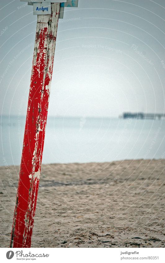 Anfang Strand Säule Holz rot abblättern Küste Meer salzig Winter Prerow Fischland-Darß-Zingst Seebrücke hundestrand Beginn Schilder & Markierungen Strommast