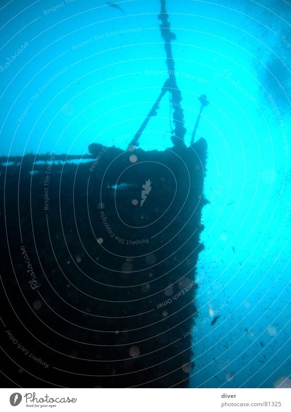 Schiffsbug vertiefen Schiffsrumpf tauchen Meer Wasserfahrzeug Schrott untergehen Krieg Bombe Reling streben Luftblase Fahnenmast Schiffswrack Oberkörper Am Rand