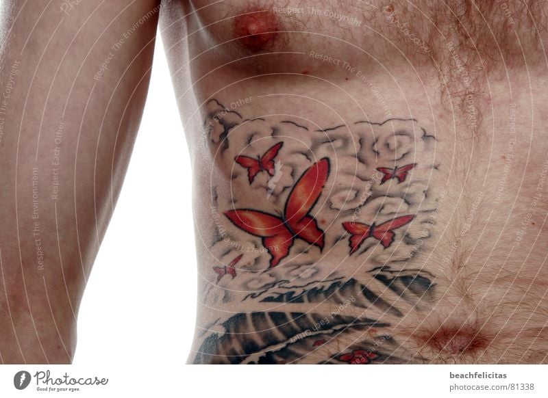 Tattoo Schmetterling rothaarig Brustwarze Bauchnabel Teint Gänsehaut Hülle Leberfleck nackt Hautfarbe Akt Mann nackter oberkörper unter der haut unter die haut