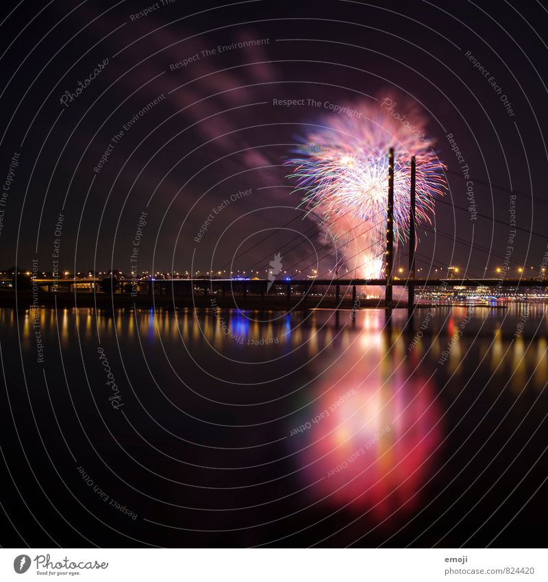 Düsseldorf Feuerwerk Feiertag Nachthimmel Stadt Skyline Brücke außergewöhnlich schwarz Farbfoto mehrfarbig Außenaufnahme Menschenleer Schwache Tiefenschärfe