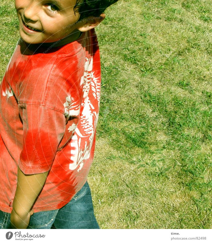 Unsinn im Sinn Porträt Blick Freude Leben Sommer Fußballplatz Kind Junge Ohr Gras Wiese T-Shirt Hemd genießen lachen grün Lebensfreude Lust diagonal Gluckern