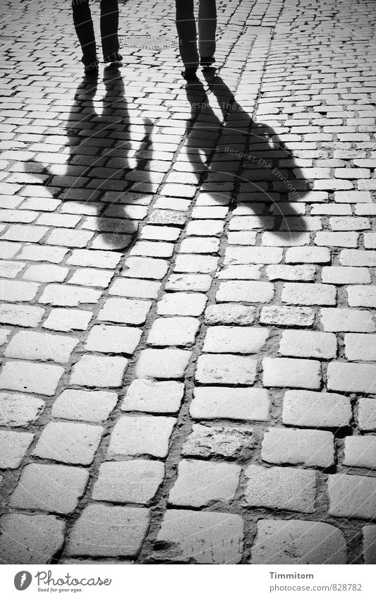 Auf dem Weg. Mensch 2 Stadt Straße Hose Schuhe Pflastersteine Schatten Silhouette Stein Linie gehen sprechen ästhetisch einfach grau schwarz Gefühle