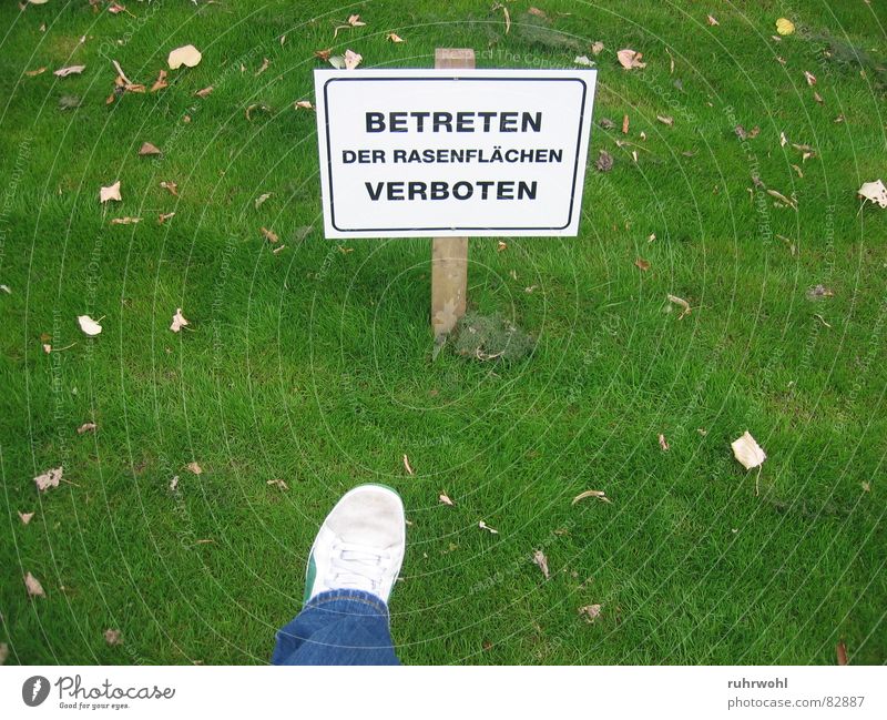 Betreten verboten! gesättigt grün Ordnung Rasen Schuhe Gift Wiese unnatürlich Verbote gefährlich eng Einschränkung Außenaufnahme Garten Park grünstreifig Fuß