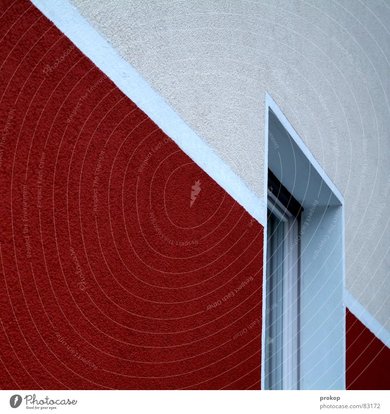 Pommes... Haus Wand graphisch Geometrie Sauberkeit rein Ordnung diagonal Fenster Streifen rot Mauer gereinigt anstößig Reinigen gepflegt planmäßig
