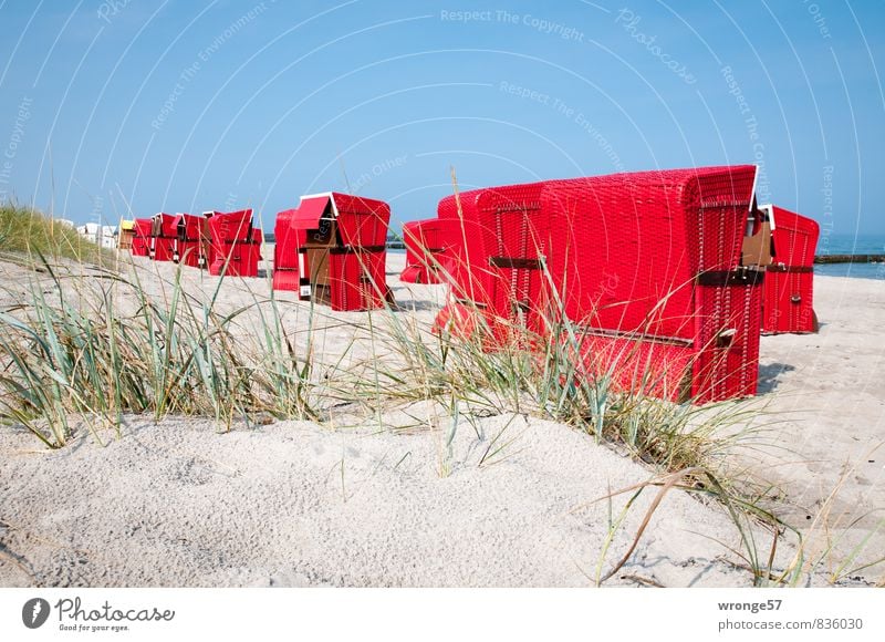 Strandkörbe | Annäherung Ferien & Urlaub & Reisen Tourismus Sommer Sommerurlaub Ostseeurlaub blau grün rot Strandkorb Stranddüne Sandstrand Blauer Himmel