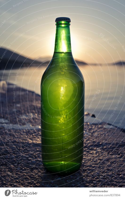 Grüne Flasche im Sonnuntergang Ernährung Picknick trinken Erholung ruhig Ferien & Urlaub & Reisen Tourismus Abenteuer Freiheit Sommer Sommerurlaub Sonne Glas