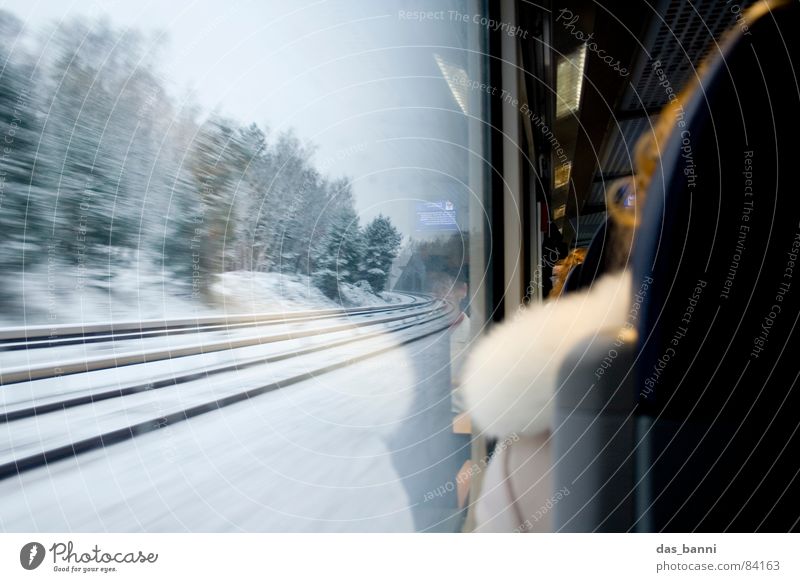Bahn Impressionen Gleise Fenster Fernweh Wald Eisenbahn Regionalbahn Winter Schneelandschaft Tourismus Freizeit & Hobby Pendler kalt Physik Geschwindigkeit