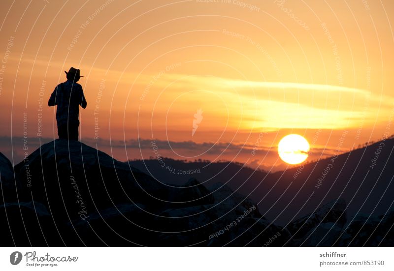 Lonesome Cowboy maskulin Junger Mann Jugendliche Erwachsene 1 Mensch Himmel Sonne Sonnenaufgang Sonnenuntergang Sonnenlicht Sommer Schönes Wetter Hügel