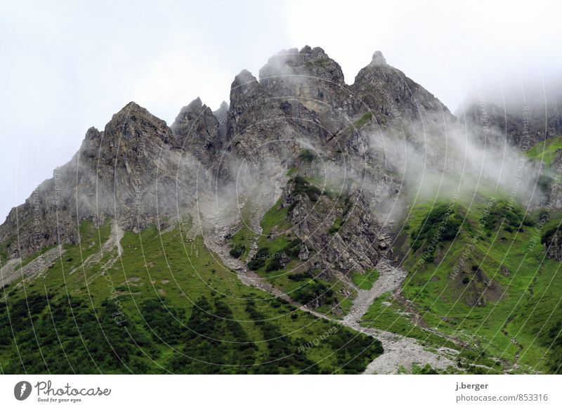 in Watte verpackt Natur Landschaft Pflanze Urelemente Wolken Sommer Herbst Wetter schlechtes Wetter Nebel Regen Felsen Alpen Berge u. Gebirge Gipfel bedrohlich