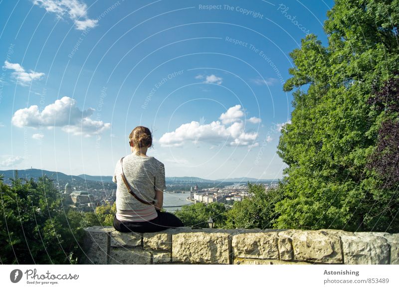 Blick auf Budapest Mensch feminin Junge Frau Jugendliche Körper Rücken 1 18-30 Jahre Erwachsene Umwelt Natur Landschaft Pflanze Luft Himmel Wolken Horizont