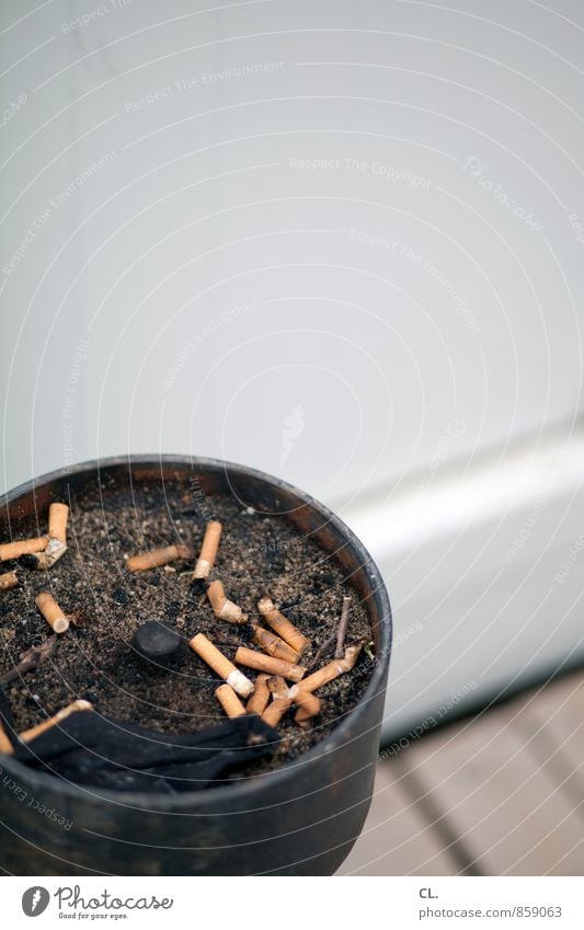 raucherecke Rauchen Zigarette Zigarettenstummel Aschenbecher Ekel Pause ungesund Rauchpause Farbfoto Außenaufnahme Menschenleer Textfreiraum oben Tag