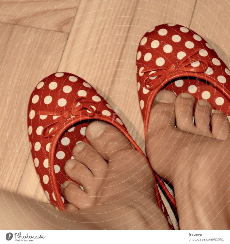 der sommer kommt jippi reinschlüpfen Schuhe Parkett Punkt rot Zehen Spielen Frau feminin Innenaufnahme Farbe Bekleidung shoes Fuß Bodenbelag weiblicher mensch