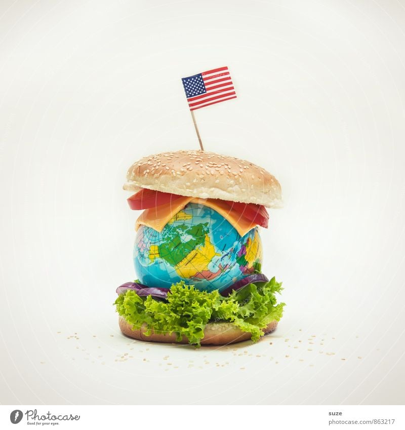 Erd-Burger Lebensmittel Käse Salat Salatbeilage Ernährung Fastfood Lifestyle Erde Fahne Globus außergewöhnlich Unendlichkeit lustig Originalität