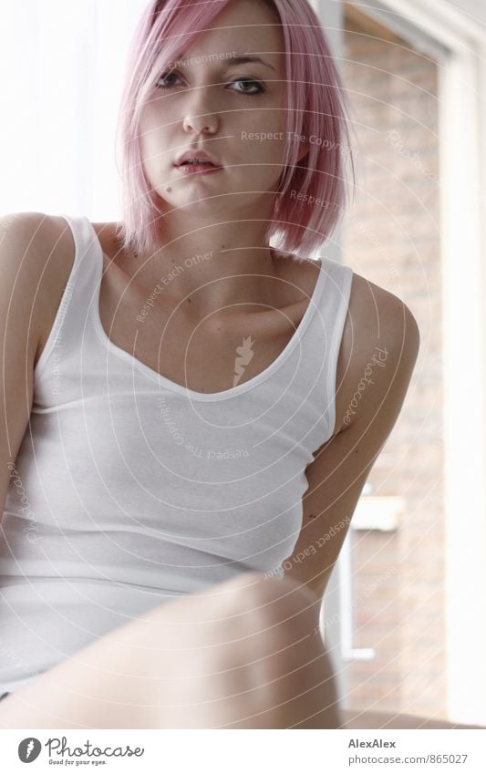 Nahes Portrait einer jungen, schlanken Frau mit pinken Haaren vor einem Fenster Stil Junge Frau Jugendliche 18-30 Jahre Erwachsene Jugendkultur Subkultur Punk