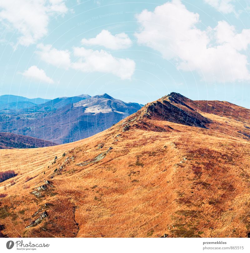 Schöne Herbstlandschaft in den Bergen schön Freiheit Berge u. Gebirge wandern Natur Landschaft Himmel Wolken Wetter Gras Park Wiese blau rot Farbe Hintergrund