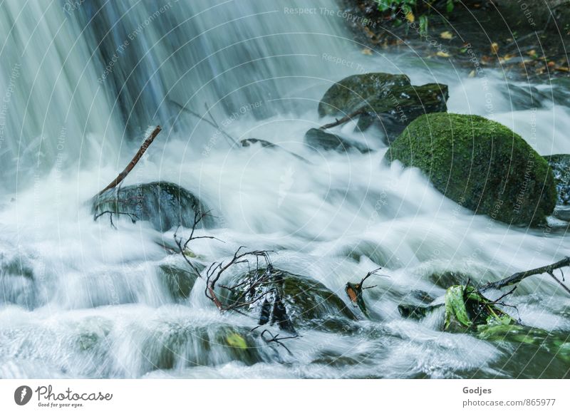 Langzeitbelichtung Steine in einem Wasserfall Natur Moos Blatt Holz schön blau braun grau grün schwarz weiß Kraft Reinheit Erholung Frieden kalt "Wasserfall