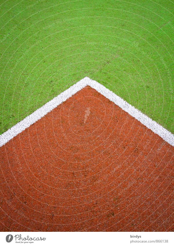 Ecke Sportstätten Tennisplatz Spielfeldbegrenzung ästhetisch grün rot weiß graphisch Trennlinie Spitze Farbfoto mehrfarbig Außenaufnahme Muster Menschenleer