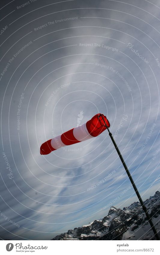 Windschief Tornado rot Stab Gipfel Plattform Windmesser Aussicht Bergstation Wintersport Wetter kalt frieren Berge u. Gebirge Warnhinweis Warnschild