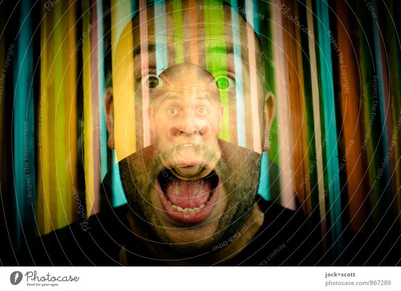 Über-Du Mann 30-45 Jahre Straßenkunst Glatze Dreitagebart schreien außergewöhnlich fantastisch verrückt Euphorie Identität skurril Doppelbelichtung Bewusstsein