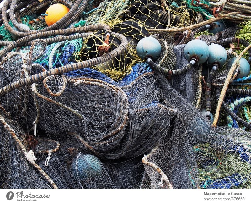 Fischernetz an Land Angeln Seil Netz blau gelb grau grün fischeln Farbfoto Außenaufnahme