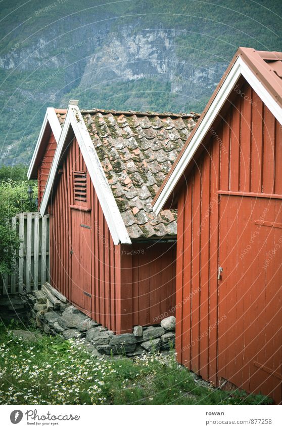 rot Haus Hütte Bauwerk Gebäude Architektur Holzhaus Norwegen Skandinavien Holzbrett Tradition Landleben Farbfoto Außenaufnahme Menschenleer Textfreiraum oben