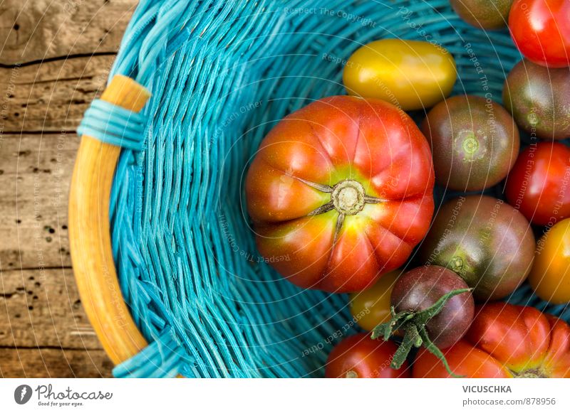 Reife Tomaten verschiedener Sorten in blauen Korb auf Holztisch Lifestyle Leben Sommer Garten Natur Herbst Pflanze gelb rot Freizeit & Hobby Basketballkorb ripe