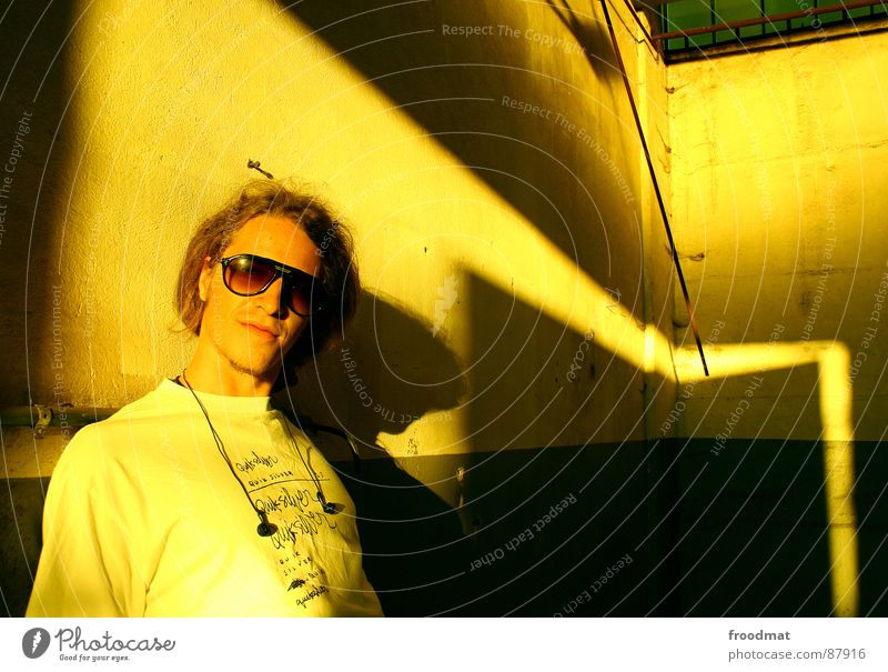 Baum Porträt Sonnenbrille Pornographie Licht gelb anlehnen Kopfhörer Jugendliche Schatten