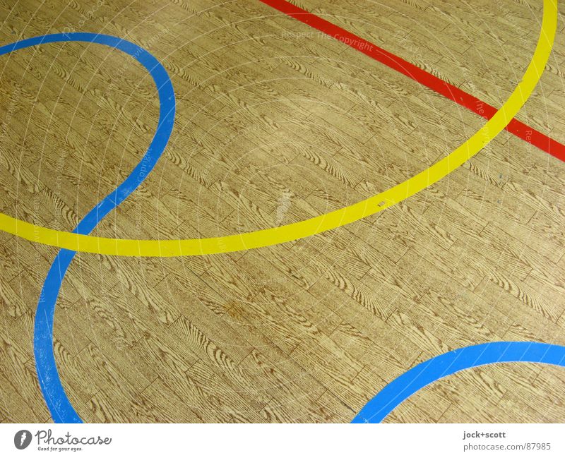 Schau Genau, Linien auf Holzimitat kreuzen Geometrie Spielfeld Treffpunkt gebraucht Linienstärke RGB Halbkreis Kurve Bogen DDR PVC Holzimintat Detailaufnahme