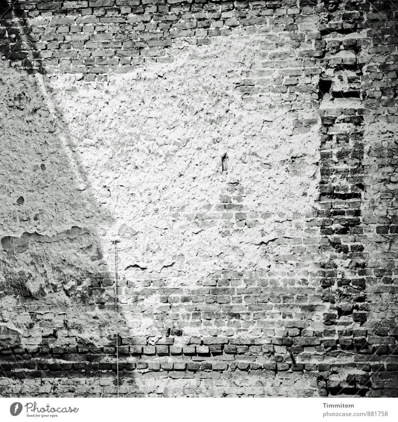 Ein Bild von einer Wand. Menschenleer Bauwerk Architektur Mauer Innenhof Backsteinwand Putz Leitung Schatten Linie ästhetisch dunkel einfach grau schwarz