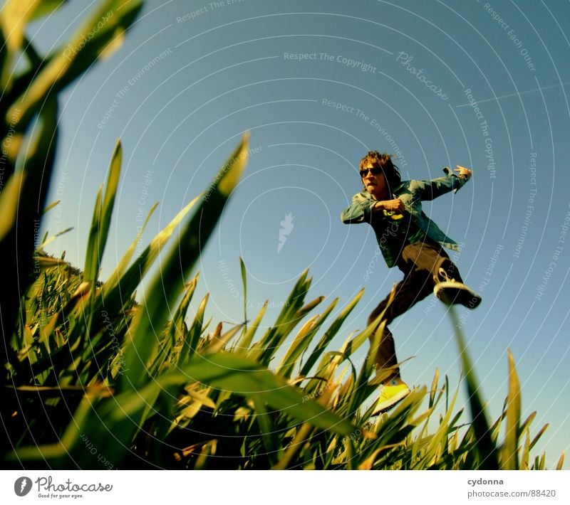 Spring ins Feld! I hüpfen Frühling Wiese Gras grün Stil Sonnenuntergang Körperhaltung Halm Froschperspektive Sonnenstrahlen Kick Kampfsport Mann Kerl Gefühle