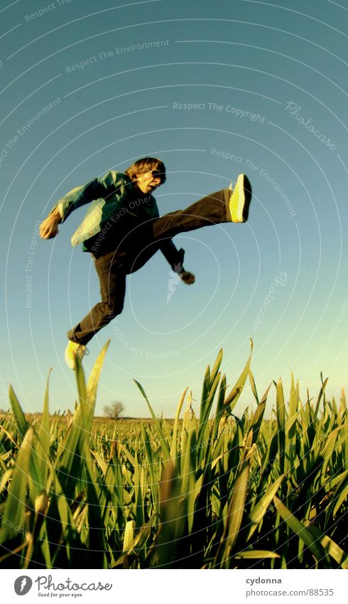 Spring ins Feld! III hüpfen Frühling Wiese Gras grün Stil Sonnenuntergang Körperhaltung Halm Froschperspektive Sonnenstrahlen Kick Kampfsport Mann Kerl