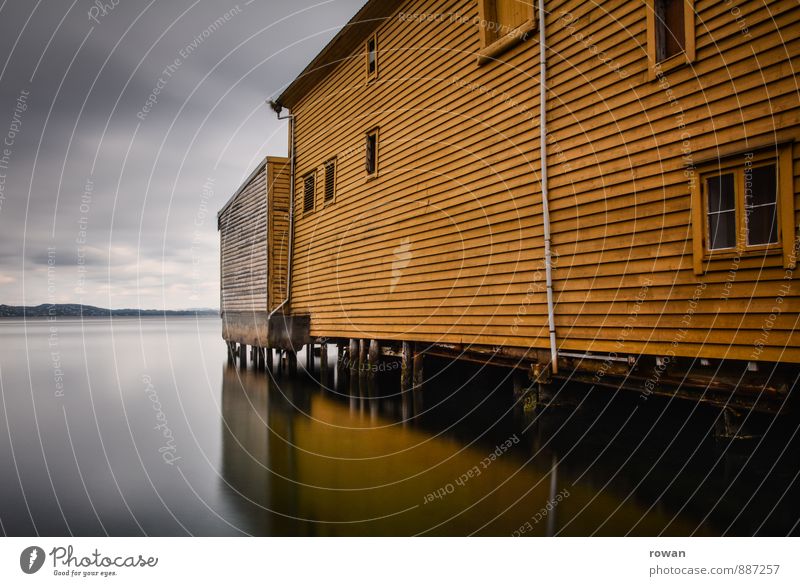 gelb Meer See Haus Bauwerk Gebäude Architektur Fassade Fenster ruhig Holzhaus Norwegen Reflexion & Spiegelung Bootshaus Hafen Pfosten Wasser Wasseroberfläche