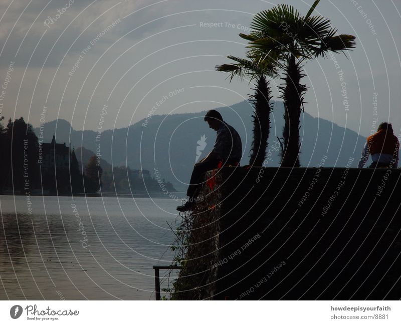Misty Lake See Palme Mann Denken Gedanke Berge u. Gebirge sitzen Abend Freiheit Nachdenken