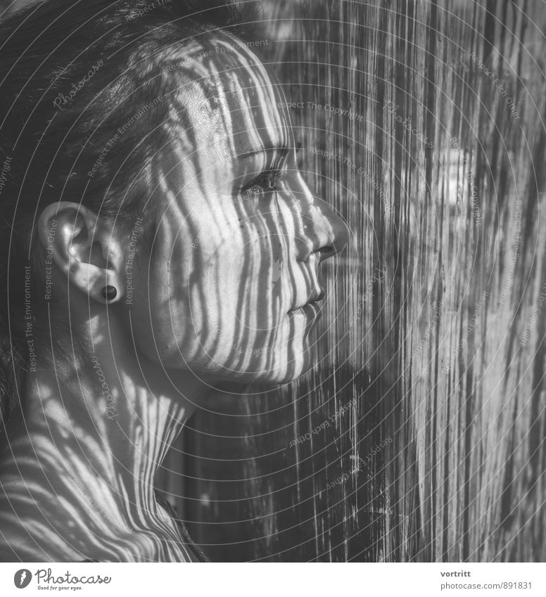 Kodiert Mensch feminin Frau Erwachsene 1 30-45 Jahre schwarz ästhetisch durchscheinend Glasfassade Schattenspiel Gesichtsausdruck Streifen Barcode tätowiert