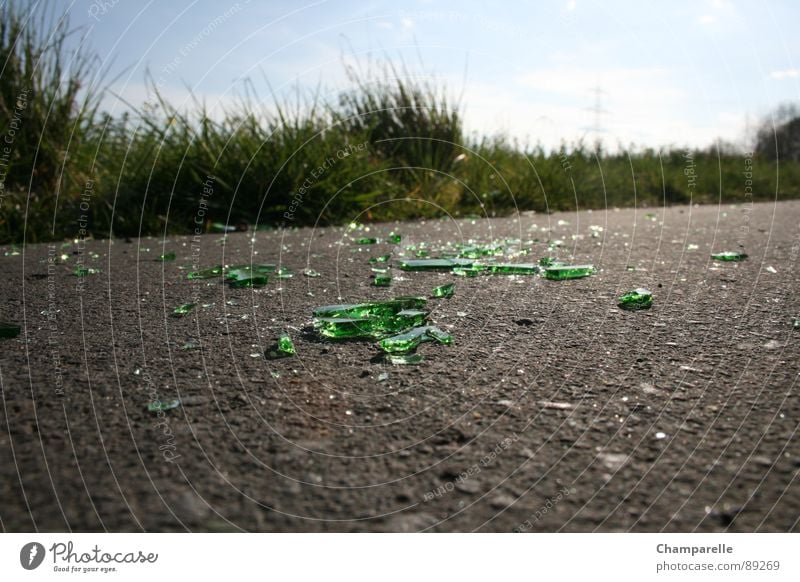 Fahrradweg mit Hinderniss Bierflasche grün Gras Asphalt Wut Ärger verfallen Alkohol Flasche Wege & Pfade Glas Straße Natur dreckig