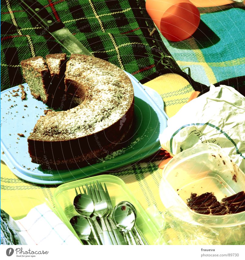 noch jemand kuchen? Picknick Tupperware kariert grün gelb Mahlzeit Sommer retro Siebziger Jahre Brot aufgeschnitten Kuchen Plastikdose Löffel Besteck Backwaren