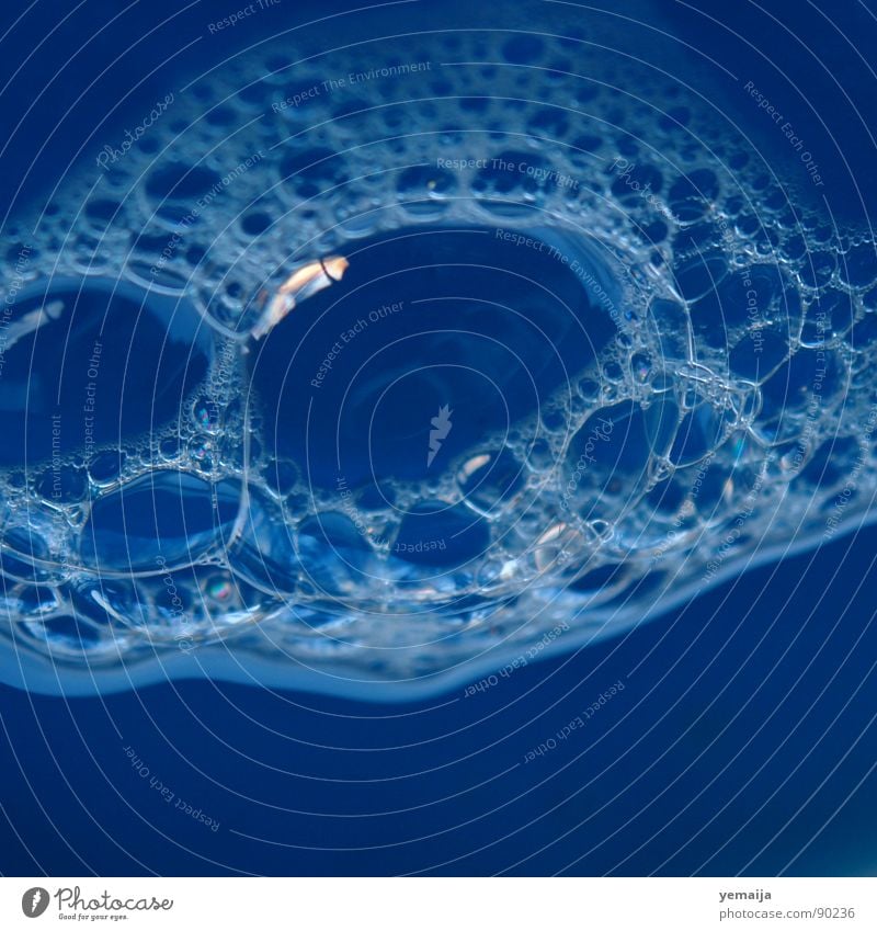 Vergänglichkeit Schaum Seife Seifenblase Flüssigkeit rund Makroaufnahme Nahaufnahme Blubbern Blase Wasser blau foam spieglung